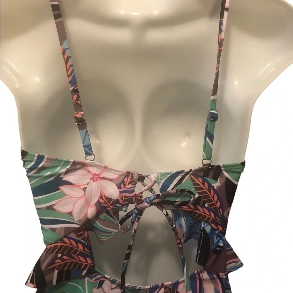 Hurley Floral Cut Out One Piece Swimsuit XL Ruffled Lace Up Back Coconuts